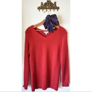 Denim & Co. Red V Neck Sweater w/ Metallic Thread